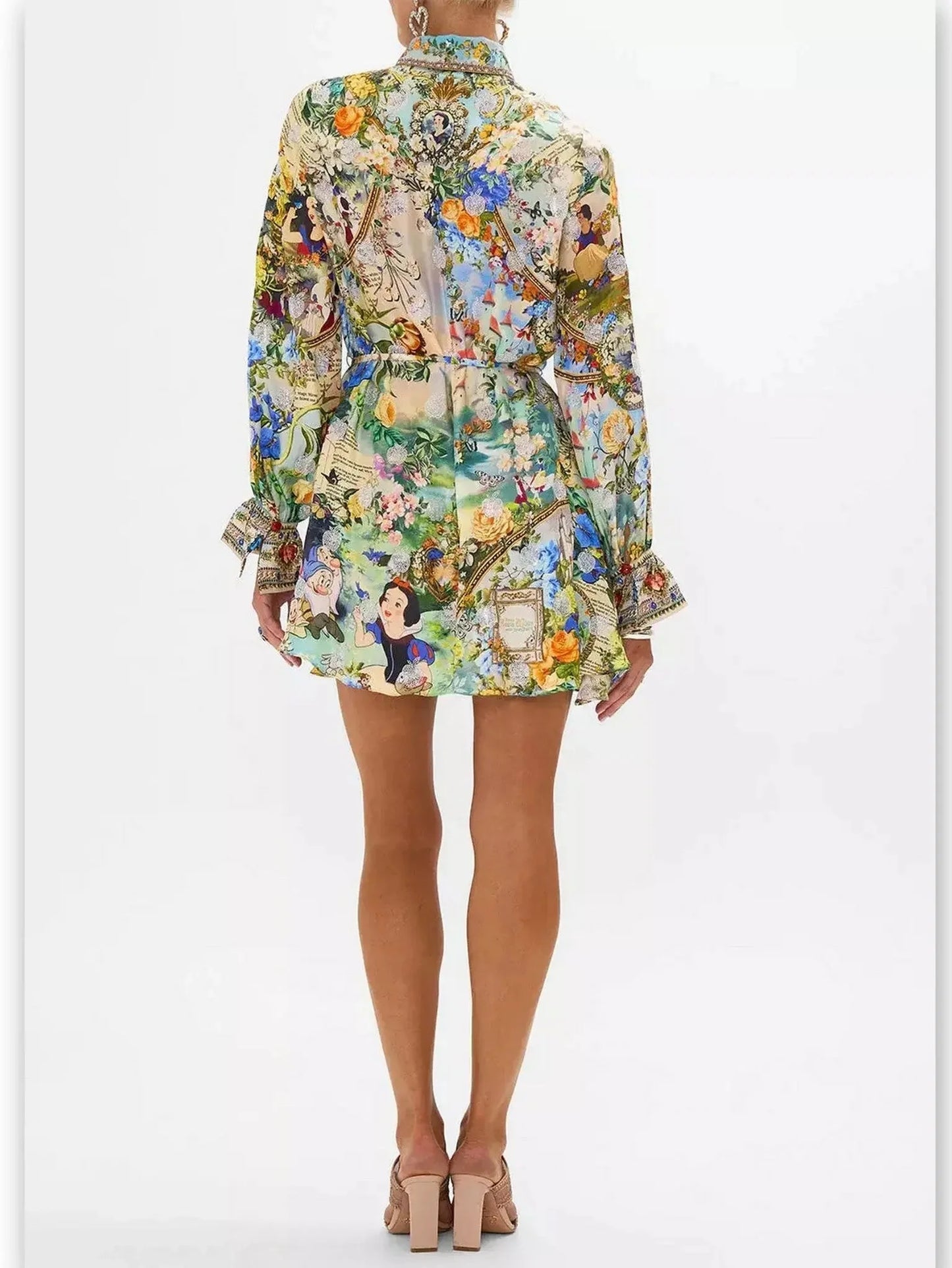 Crystal-Embellished Fairy Tale and Floral Printed Mini Shirt Dress - Dresses