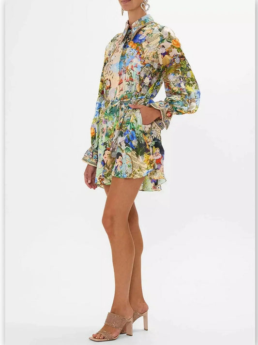 Crystal-Embellished Fairy Tale and Floral Printed Mini Shirt Dress - Dresses
