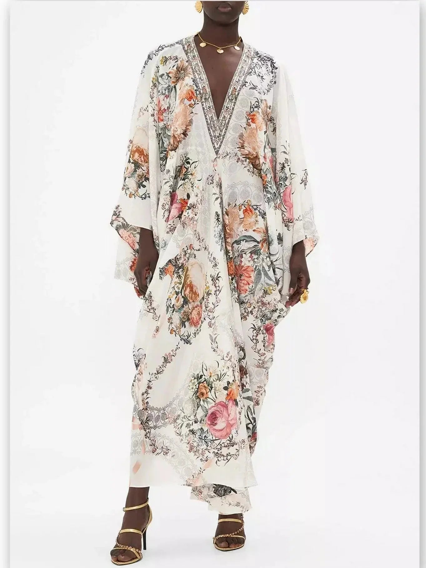 Crystal-Embellished Floral-Print V-Neck Kaftan Dress - Dresses