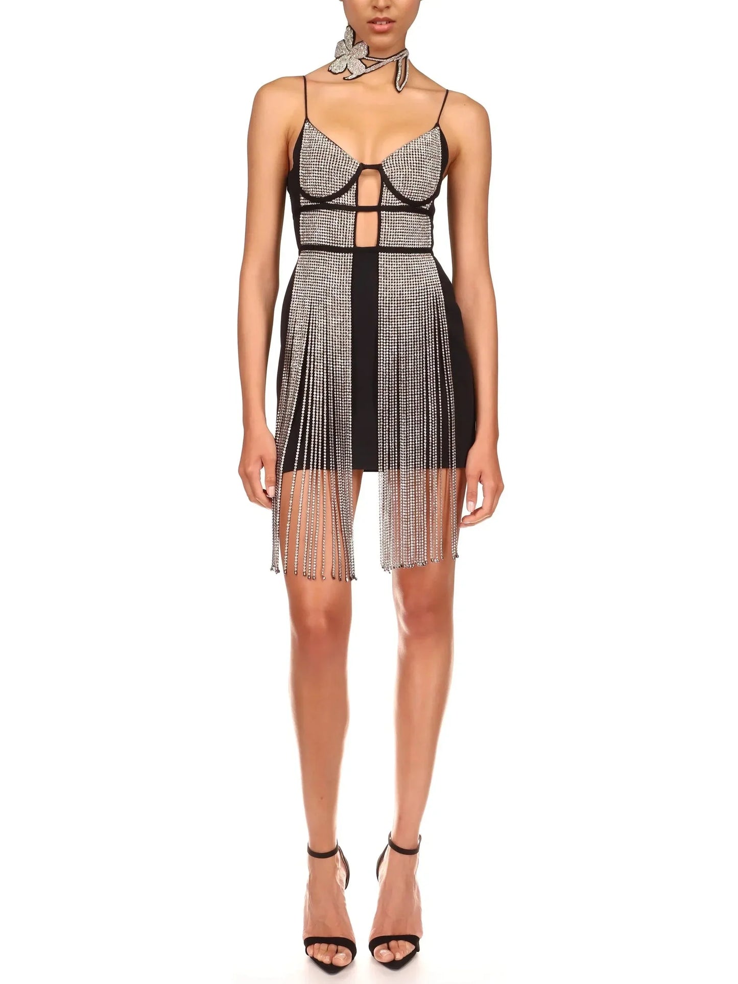 Crystal-Embellished Fringed Cady Mini Dress - small - Dresses