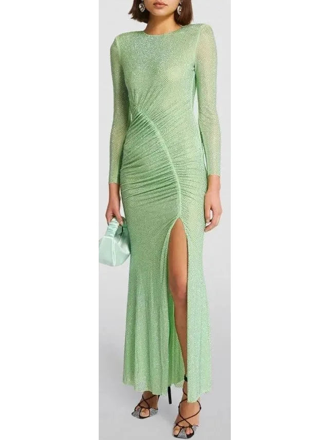 Crystal-Embellished Light Green Maxi Dress