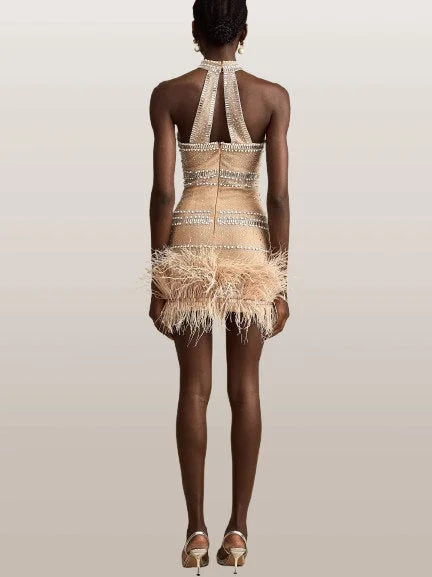 Crystal-Embellished Halter-Neck Feather-Hem Mini Dress - Dresses