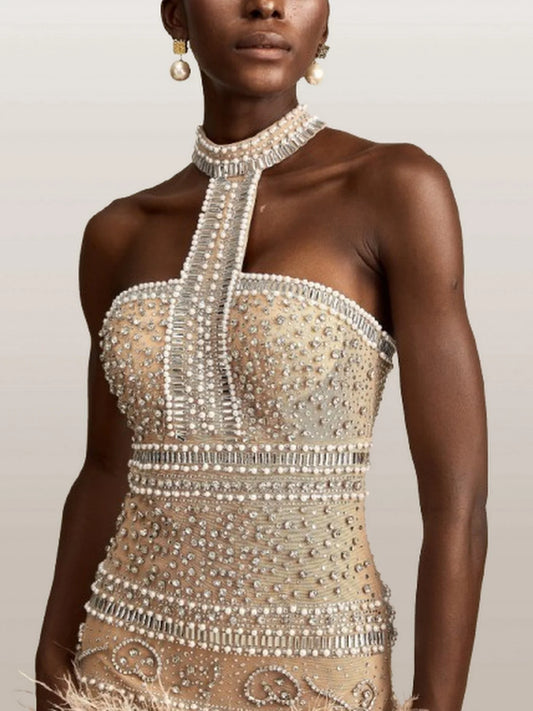 Crystal-Embellished Halter-Neck Feather-Hem Mini Dress - Dresses