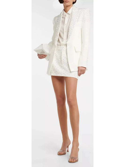 Crystal-Embellished Jacket and Skirt Set White - Suits & Sets