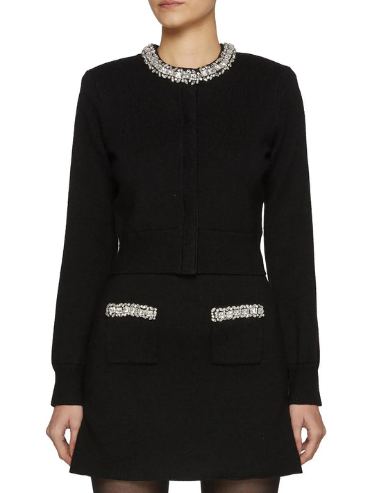 Crystal-Embellished Knit Black Cardigan and Skirt Set - Suits & Sets