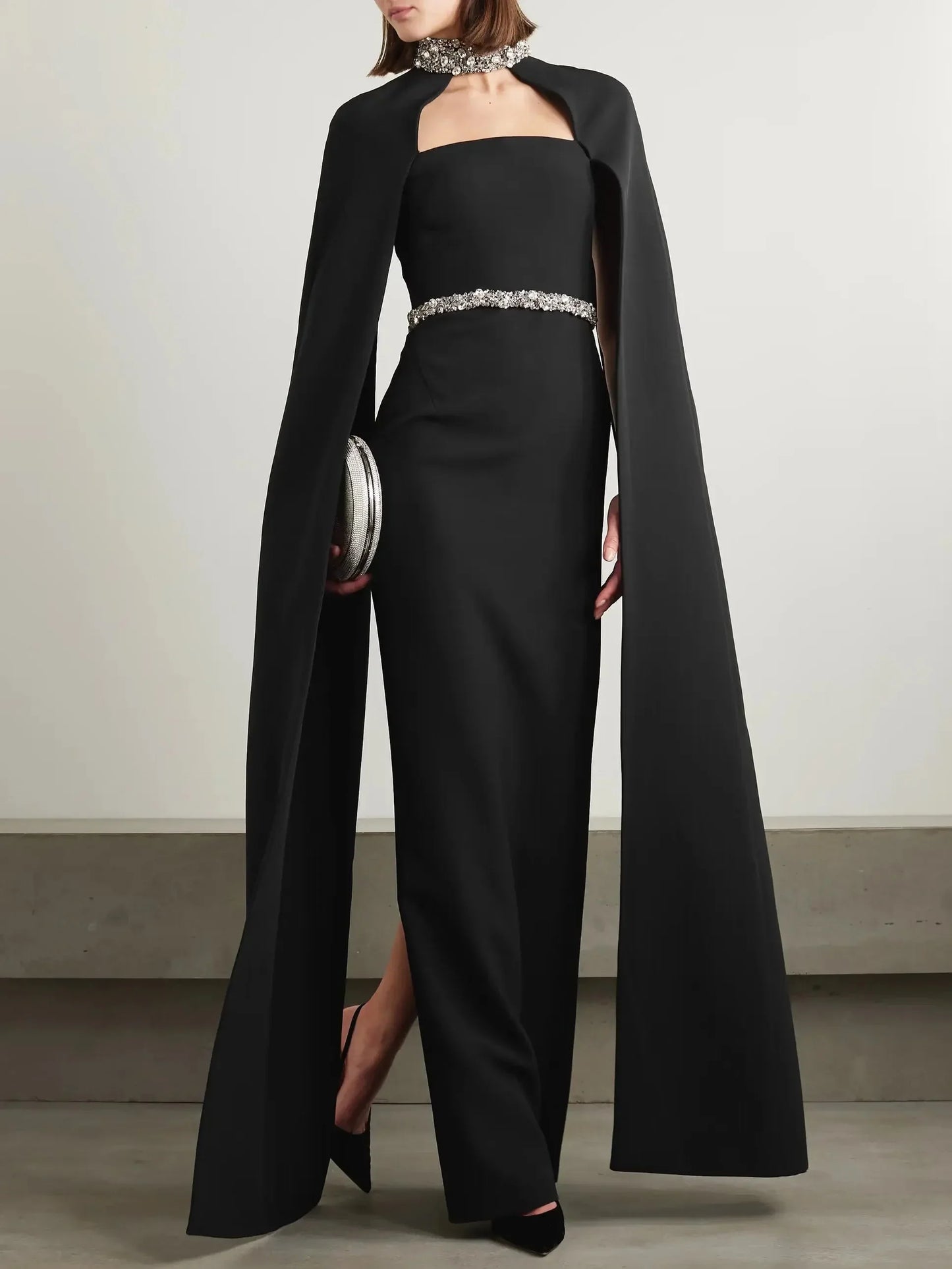 Crystal-Embellished Long Black Crepe Gown with Cape Sleeves - Dresses