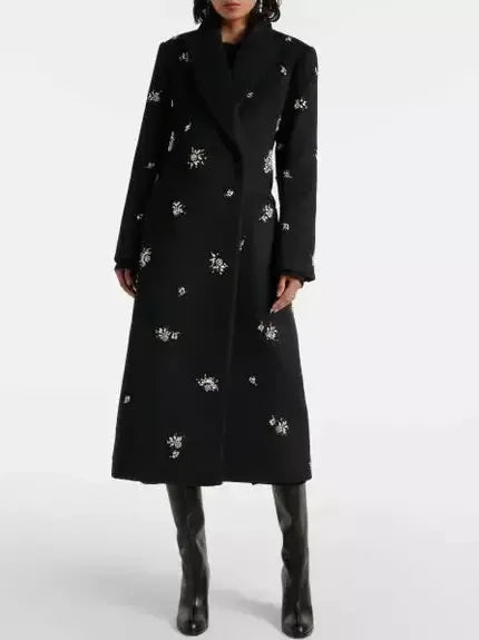 Crystal-Embellished Long Black Wool Double-Breasted Coat - Coats