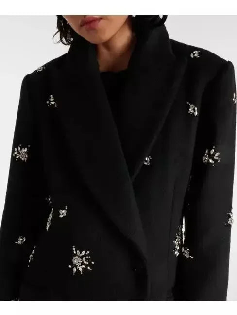 Crystal-Embellished Long Black Wool Double-Breasted Coat - Coats