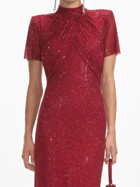 Crystal-Embellished Long Red Gown - Dresses