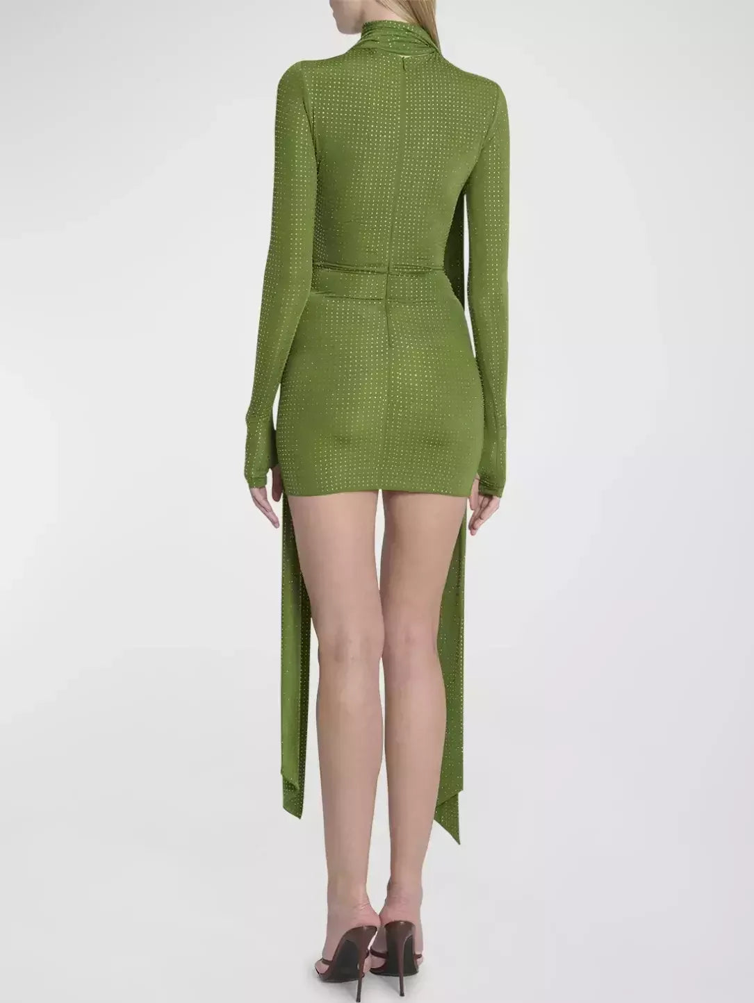 Green long-sleeved scarf mini dress with crystal embellishments for elegant styling