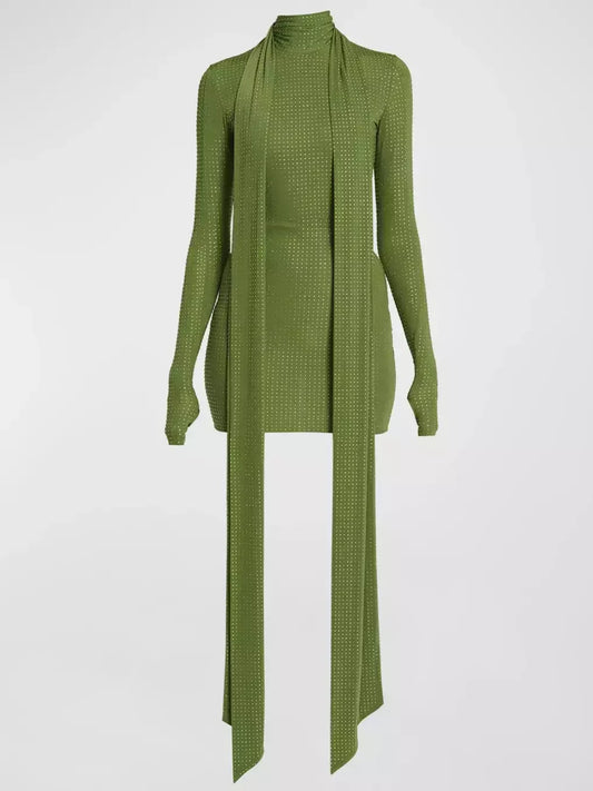 Green crystal-embellished long sleeve scarf mini dress with rhinestone details