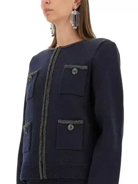 Crystal-Embellished Multi-Pocket Cardigan in Navy - Sweaters & Knitwear