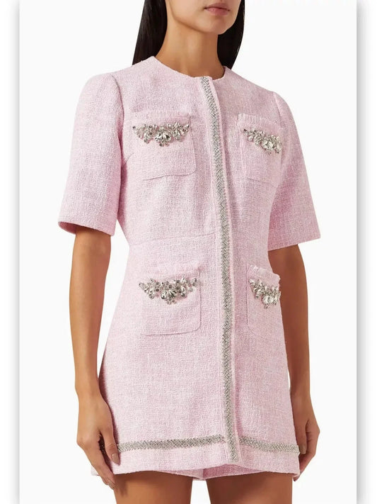 Crystal-Embellished Pink Tweed Playsuit - Suits & Sets