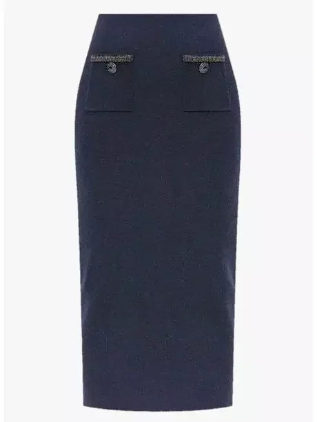 Crystal-Embellished Pocket Knit Midi Skirt in Navy - Skirts