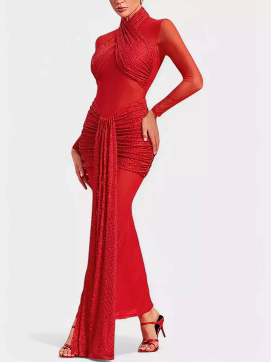 Crystal-Embellished Red Ruched Draped Mesh Maxi Dress - Dresses