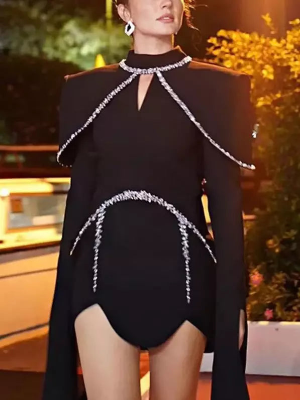 Black crystal-embellished long-sleeve mini dress for elegant evening wear