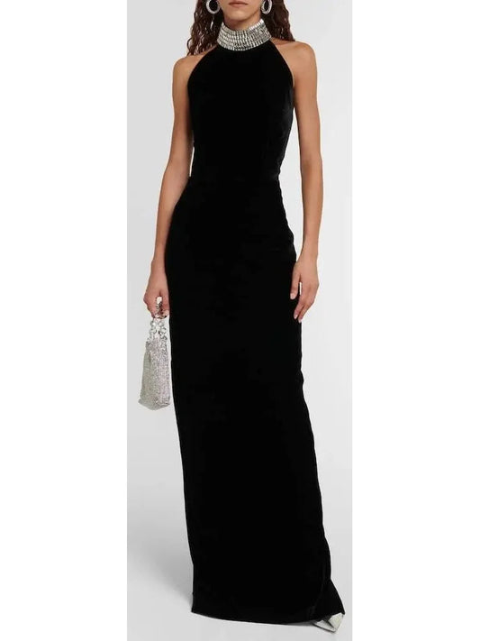 Crystal Embellished Turtleneck Velvet Gown - Dresses