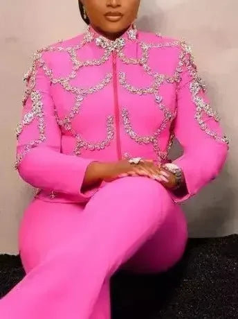 Crystal-Embellished Zip-Front Jacket in Pink - Jackets