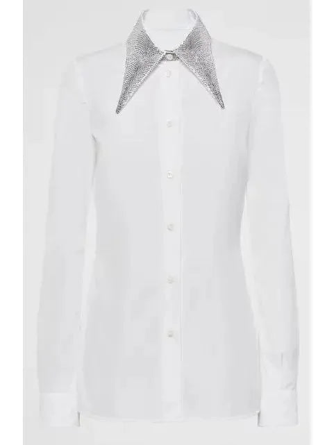 Crystal Embroidered Collar Poplin Shirt - Tops