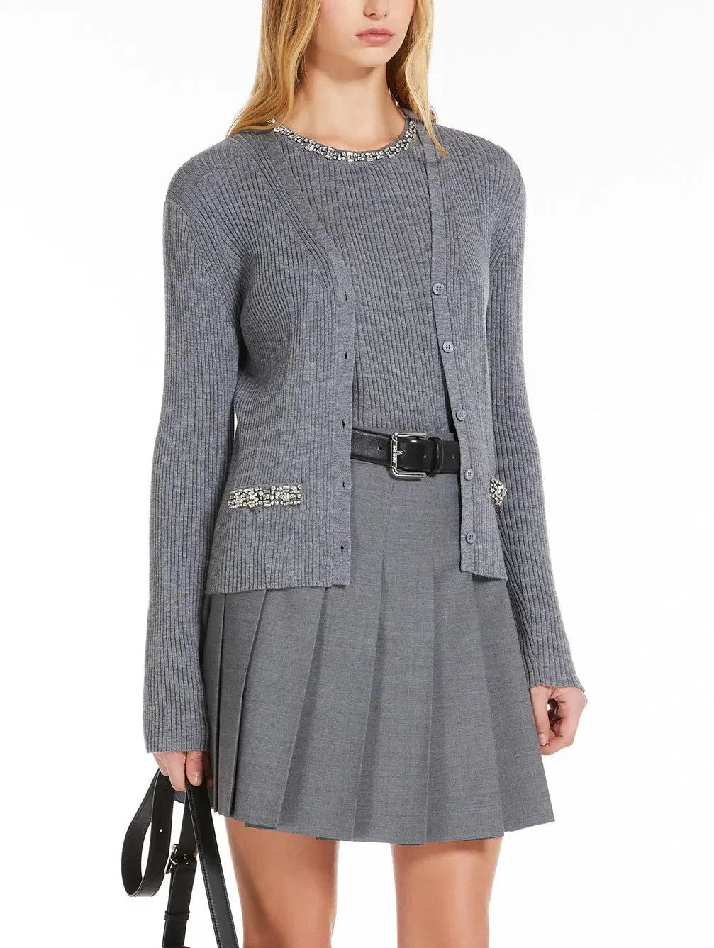 Crystal Embroidered Ribbed Cardigan in Grey - Sweaters & Knitwear