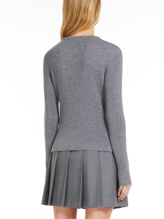 Crystal Embroidered Ribbed Sweater in Grey - Sweaters & Knitwear