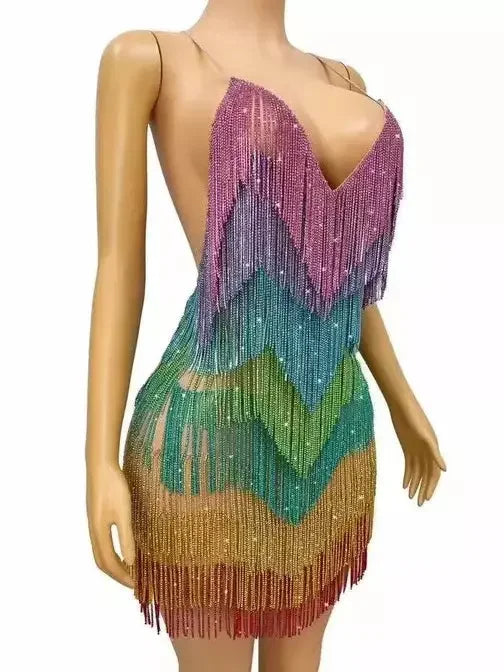 Crystal Fringe Mini Dress in Multicolor - Dresses