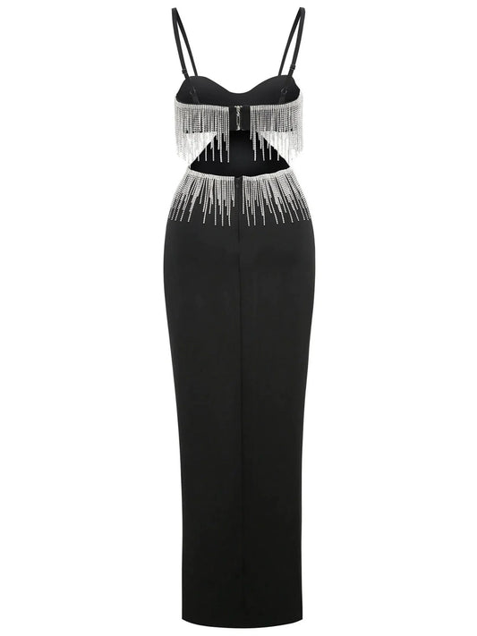 Crystal-Fringed Bustier Cut-Out Dress