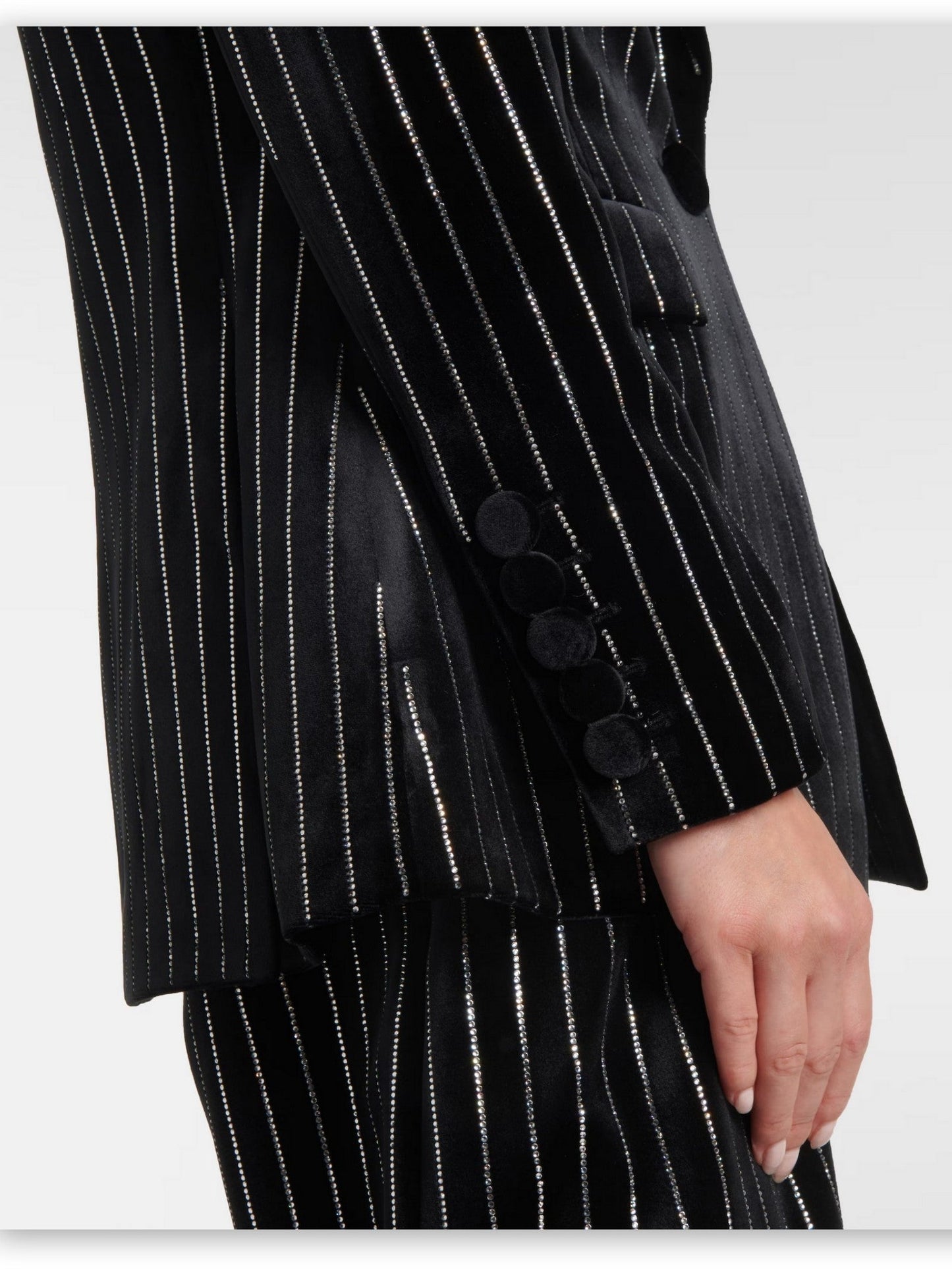 Crystal Pinstripe Black Velvet Single-Breasted Blazer - Jackets