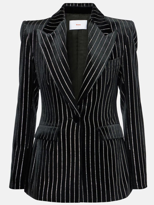 Crystal Pinstripe Black Velvet Single-Breasted Blazer - Jackets