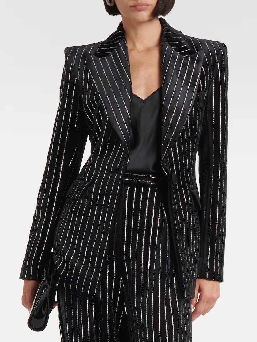 Crystal Pinstripe Black Velvet Single-Breasted Blazer - Jackets