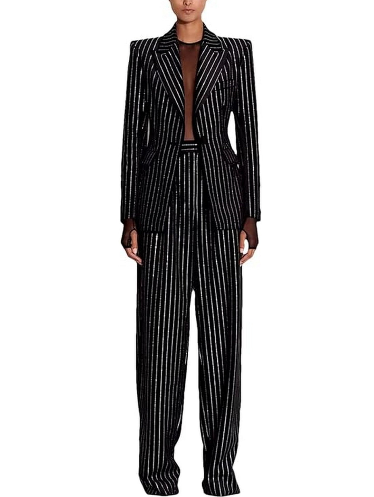 Crystal Pinstripe Black Velvet Straight Leg Pants - Jeans & Pants