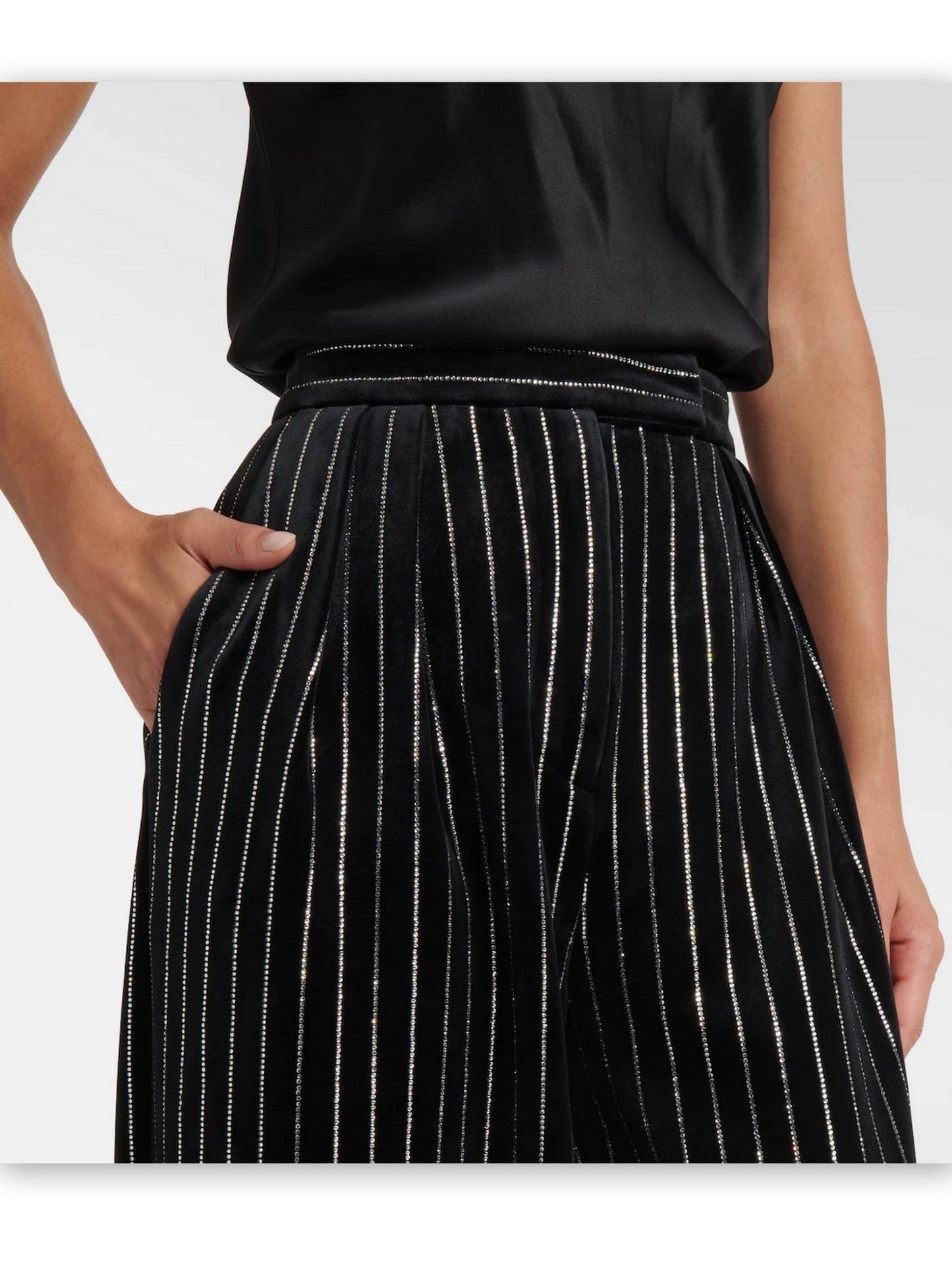 Crystal Pinstripe Black Velvet Straight Leg Pants - Jeans & Pants