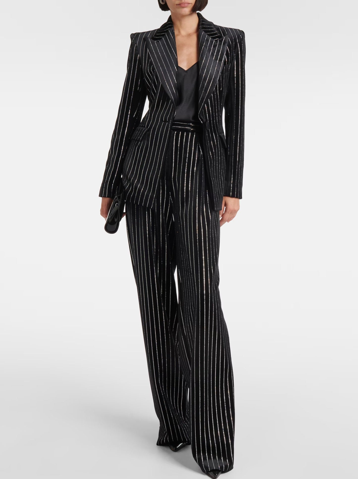 Crystal Pinstripe Black Velvet Straight Leg Pants - Jeans & Pants