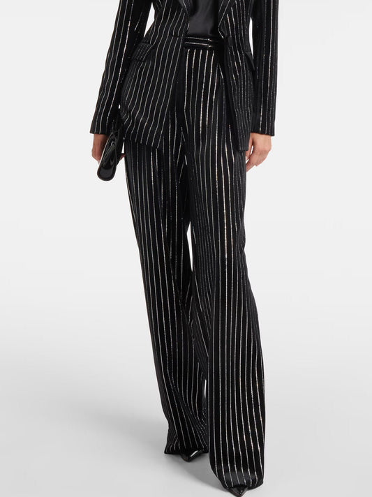 Crystal Pinstripe Black Velvet Straight Leg Pants - Jeans & Pants
