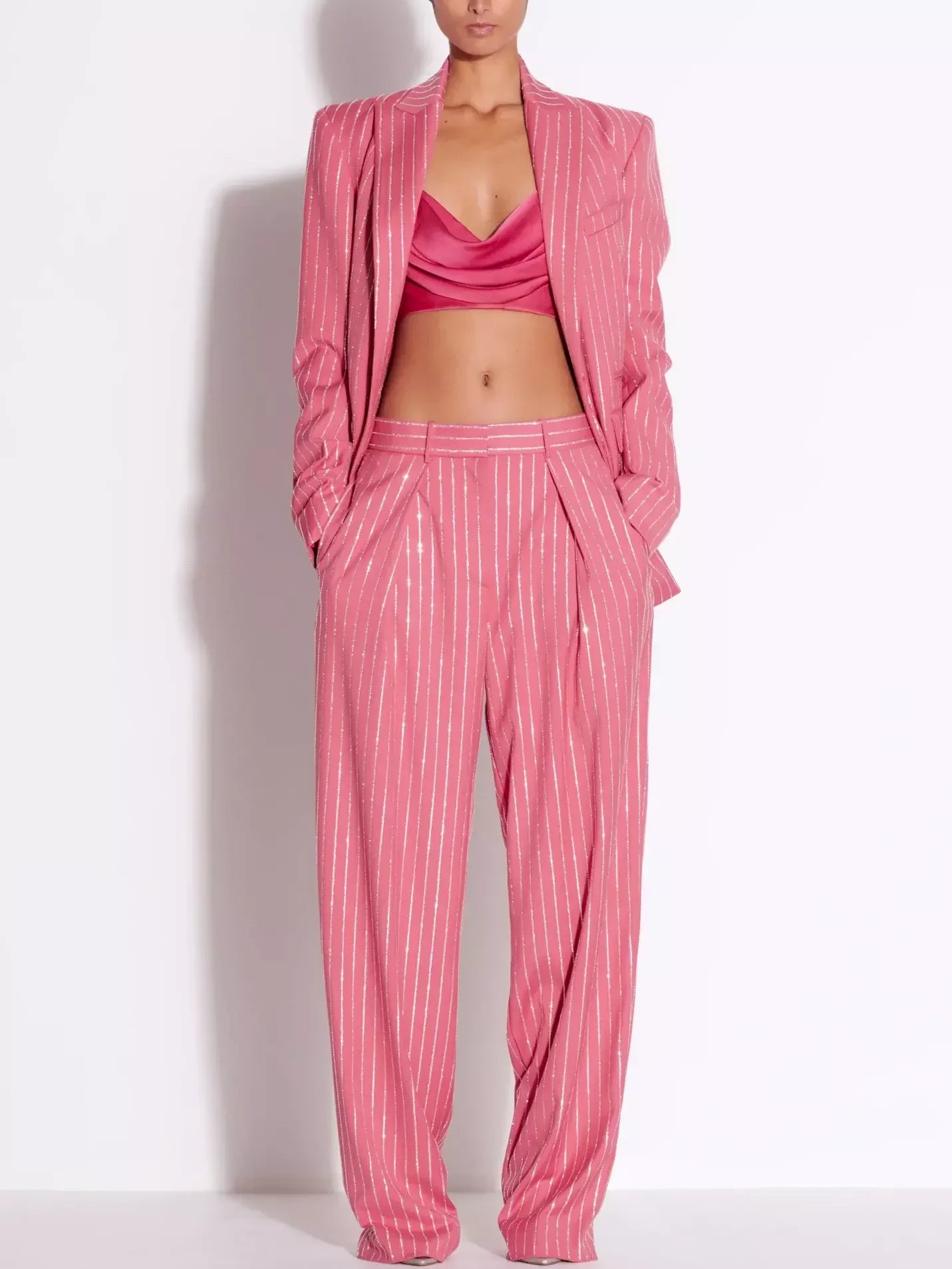 Crystal Pinstripe Pink Single-Breasted Blazer and Pant Suit - Suits & Sets
