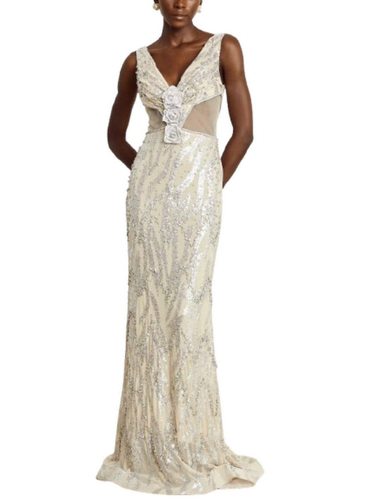 Crystal Rose-Appliques Cut-Out Mesh Sequin Gown - Dresses