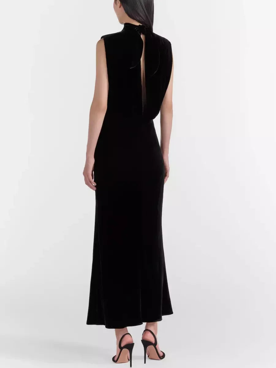 Sleeveless Black Velvet Midi Dress with Crystal Rose Detail for elegant occasions