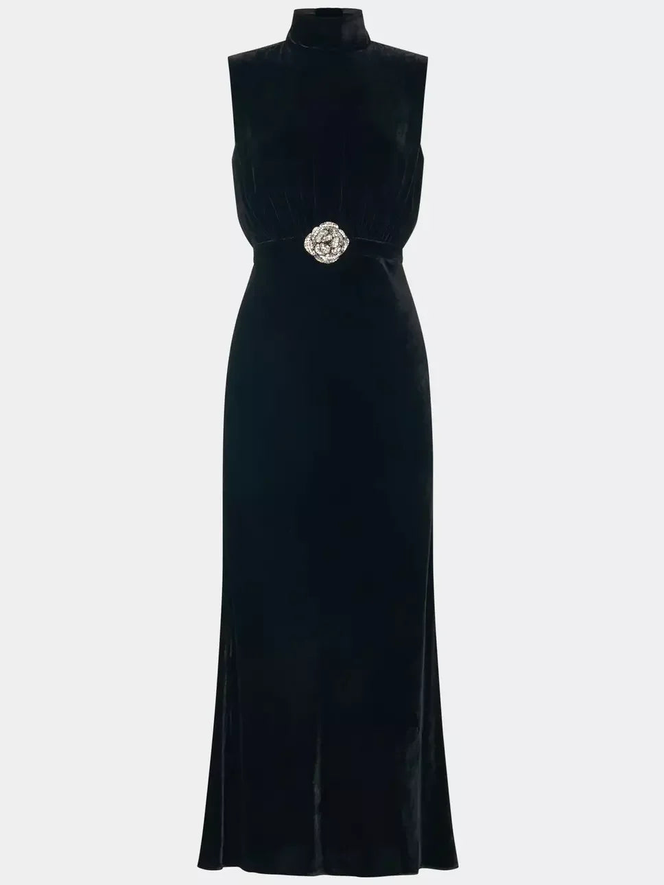 Sleeveless black velvet midi dress with jeweled belt and crystal rose detail