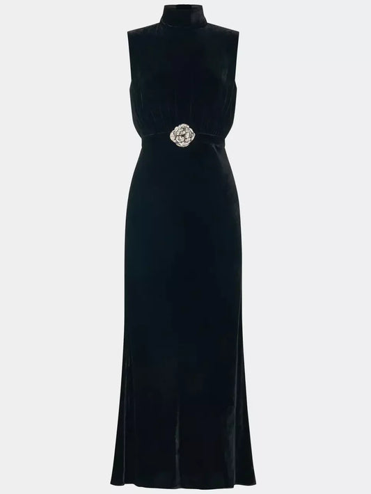 Sleeveless black velvet midi dress with jeweled belt and crystal rose detail