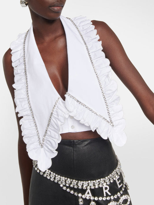 Crystal-Ruffled Oversize Collar Cropped Halter Top - Tops