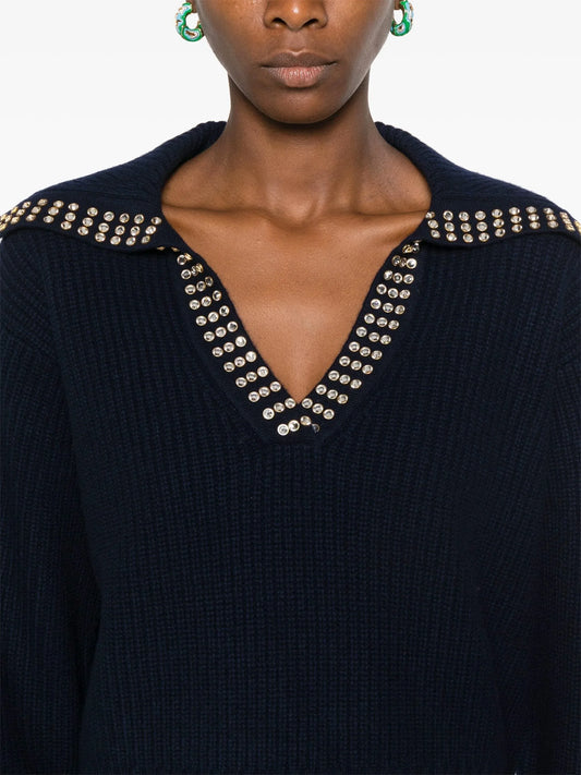 Crystal-Studded Sailor-Neck Ribbed Sweater - Sweaters & Knitwear