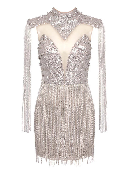 Crystal-Tassel Sequined Mesh Mini Dress - Dresses