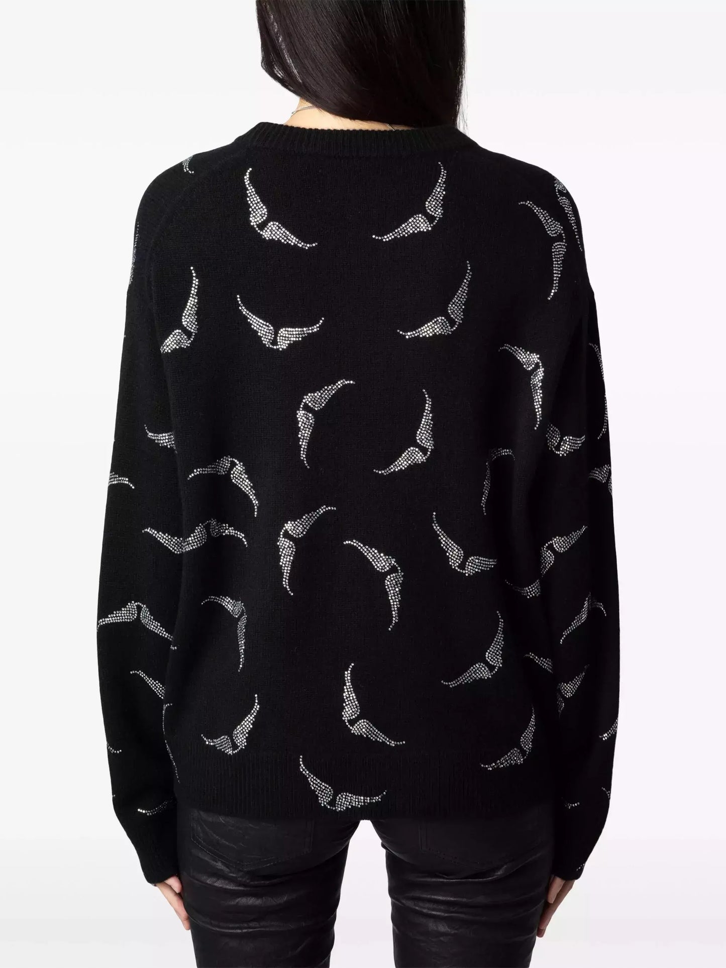 Crystal Wing Embellished Black Cashmere Sweater - Sweaters & Knitwear