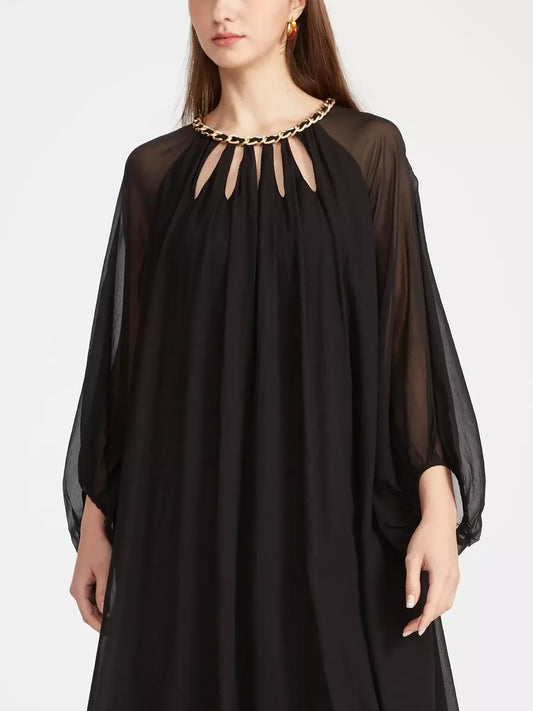 Cut-Out Braided Chain Collar Silk Dress in Black - Dresses