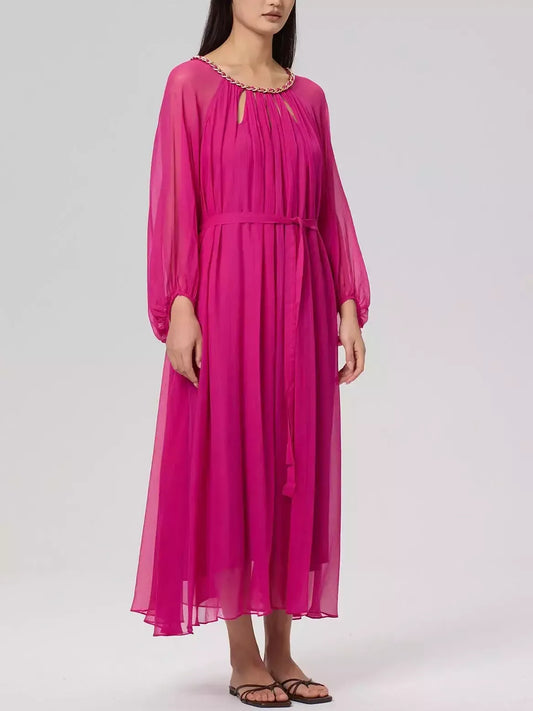 Cut-Out Braided Chain Collar Silk Dress in Fuchsia - Dresses