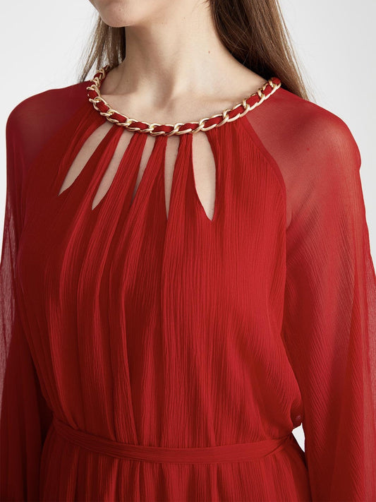 Cut-Out Braided Chain Collar Silk Dress in Red - Dresses