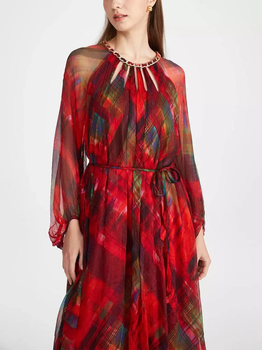 Cut-Out Braided Chain Collar Silk Dress in Red Plaid - Dresses