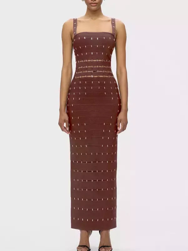 Cut-Out Embellished Sculpted Dress - S / Brown - Dresses