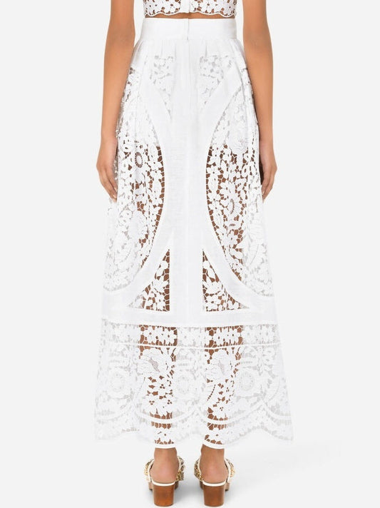 Cut-Out Embroidered Long White Linen Skirt - Skirts