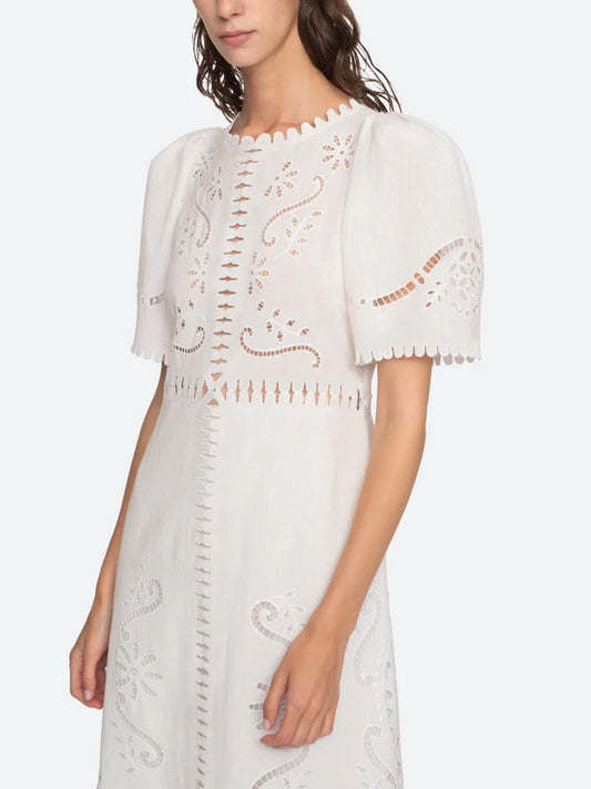 Cut-Out Embroidered White Cotton Midi Dress - Dresses